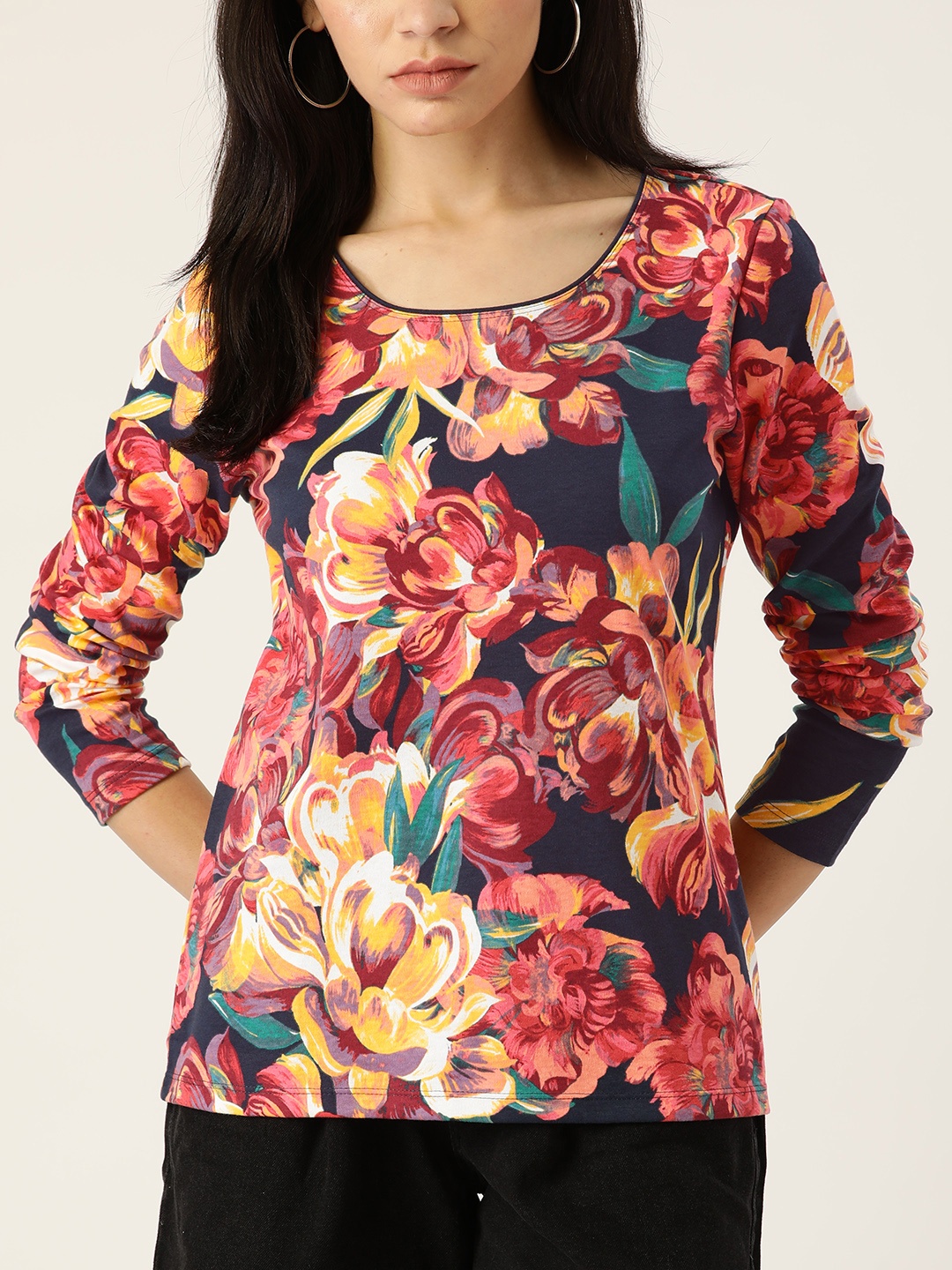 

Macy's Karen Scott Women Red & Yellow Floral Printed T-shirt