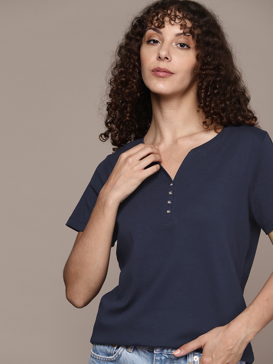 

Macy's Karen Scott Women Navy Blue Solid Pure Cotton T-shirt