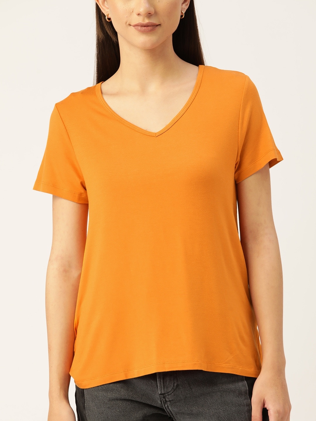 

Macy's Ideology Women Mustard Yellow V-Neck T-shirt
