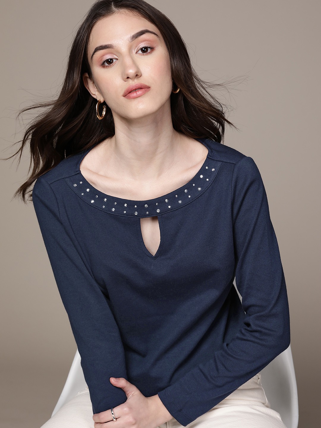 

Macy's Karen Scott Navy Blue Solid Jewel Neck Cut Out Detail Pure Cotton Top