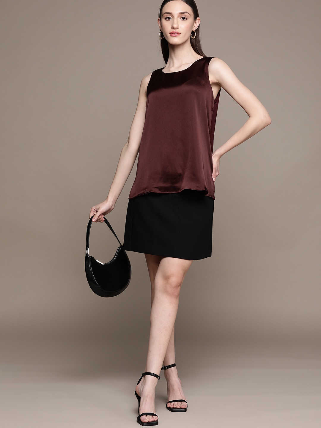 

Macy's Alfani Brown Solid Satin Top