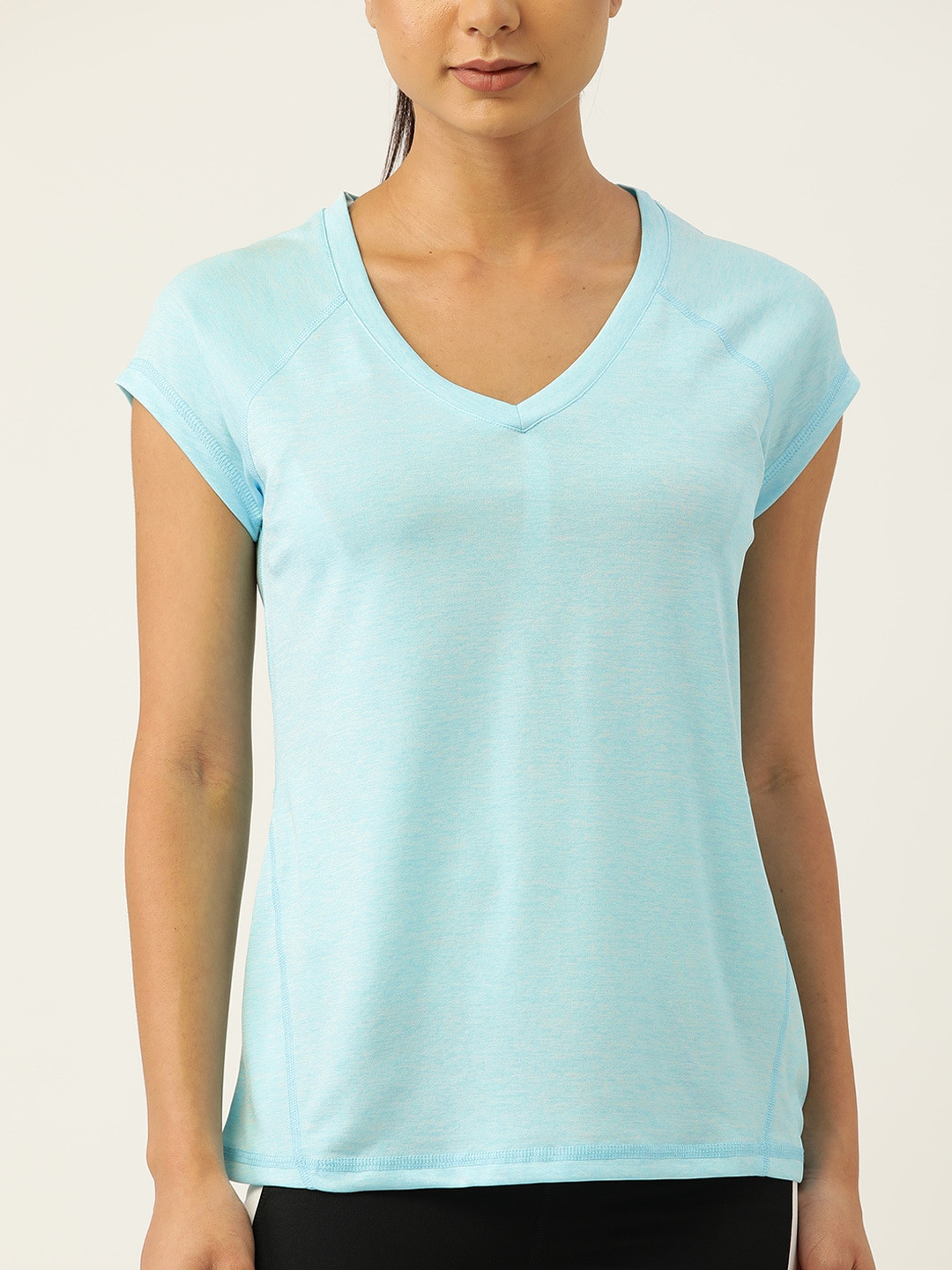 

Macy's Ideology Women Blue Solid Melange Effect V-Neck Raglan Sleeves T-shirt, Navy blue