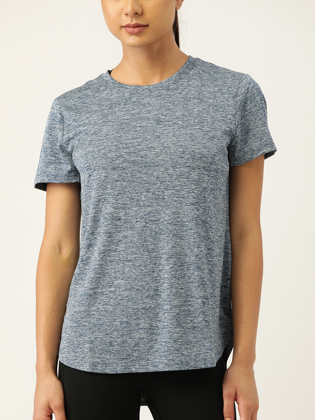 

Macy's Ideology Women Navy Blue Solid Melange Effect T-shirt