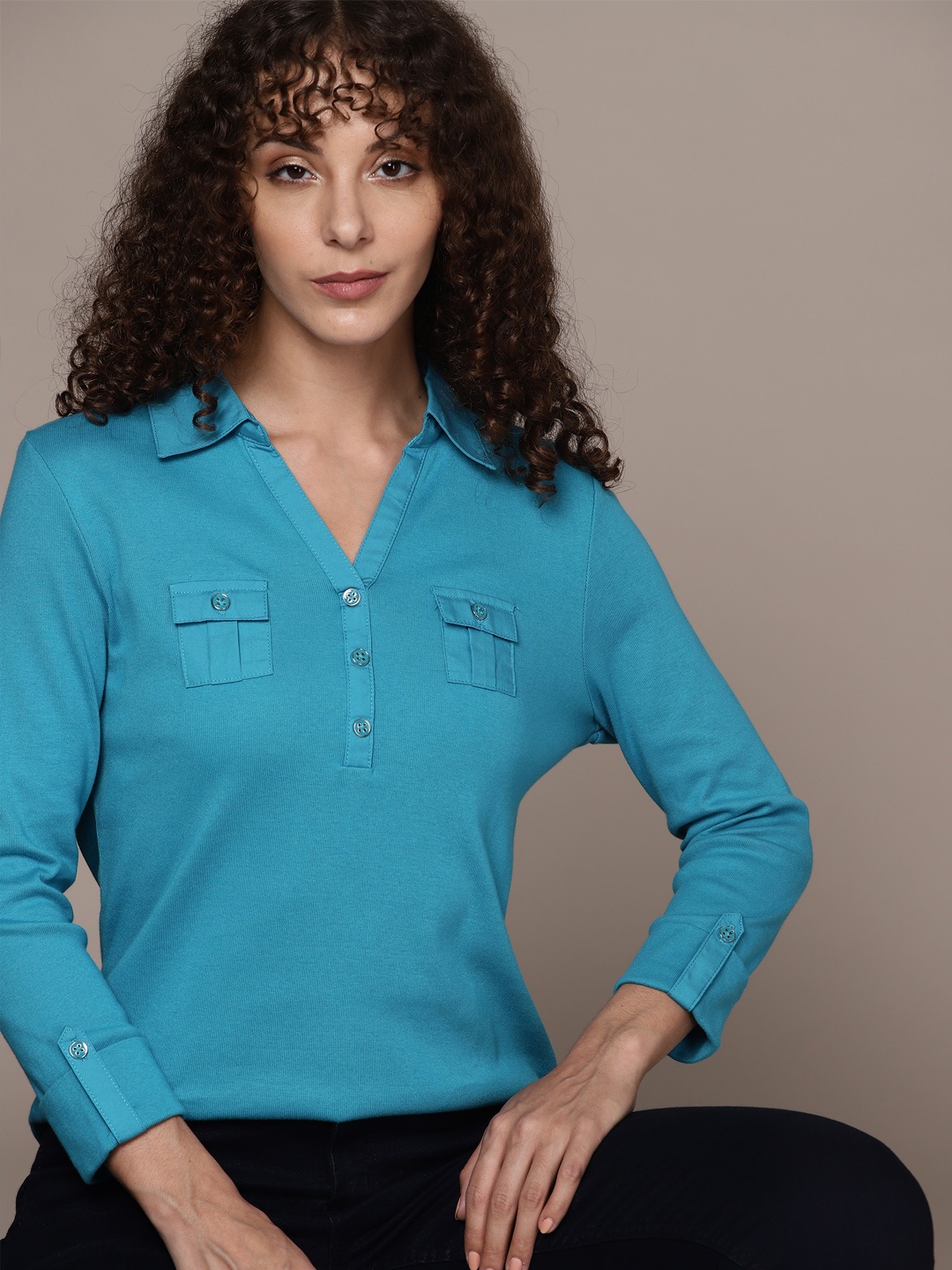 

Macy's Karen Scott Blue Roll-Up Sleeves Shirt Style Top