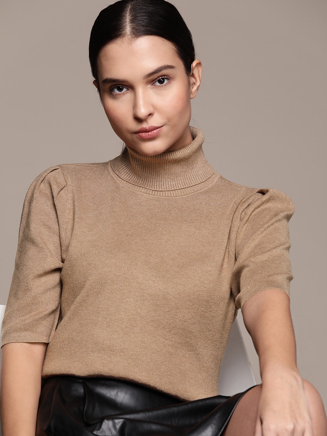 

Macy's Alfani Brown Solid Ribbed Turtle Neck Top