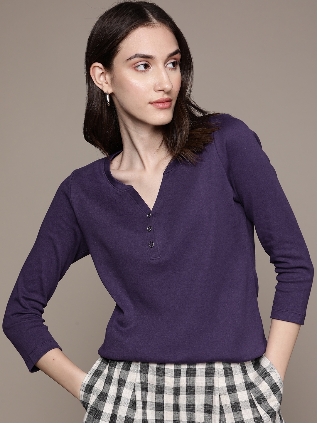 

Macy's Karen Scott Women Purple Pure Cotton Henley Neck T-shirt