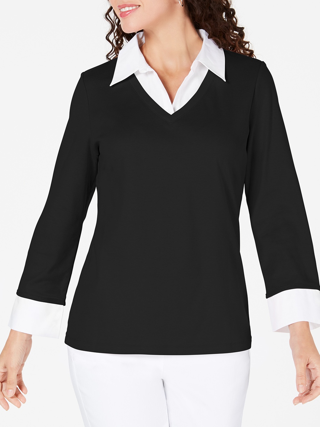 

Macy's Karen Scott Black & White Monochrome Cotton Layered-Look Shirt Style Top