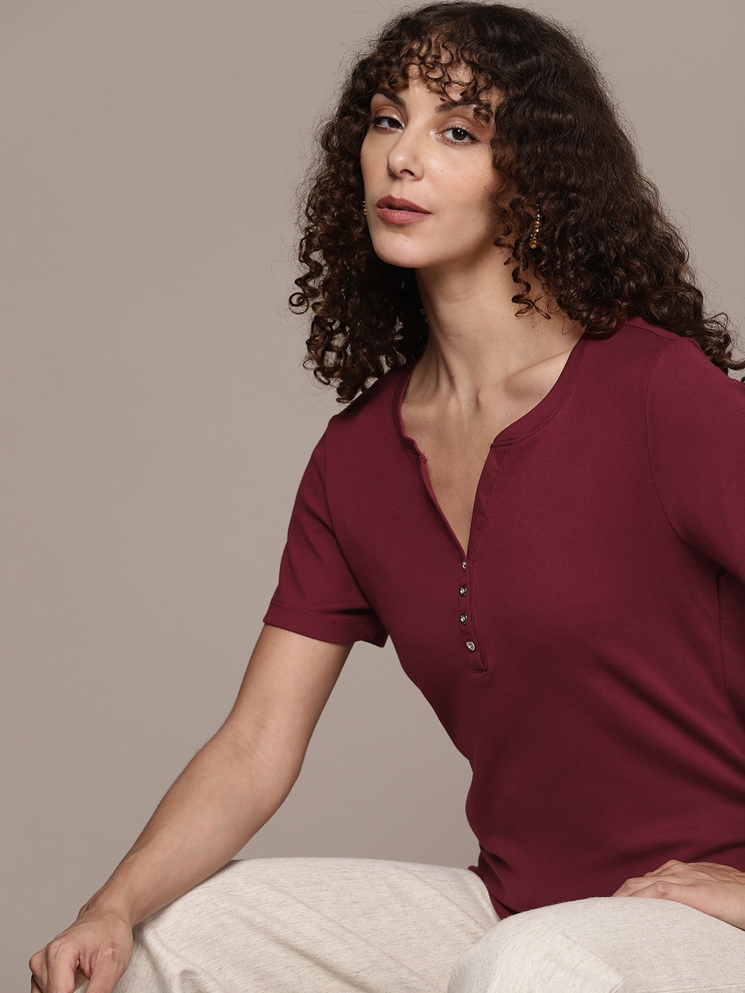 

Macy's Karen Scott Women Maroon Pure Cotton Henley Neck T-shirt