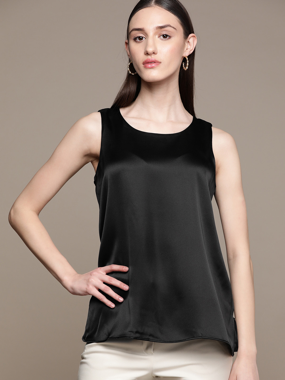

Macy's Alfani Black Solid Satin Top