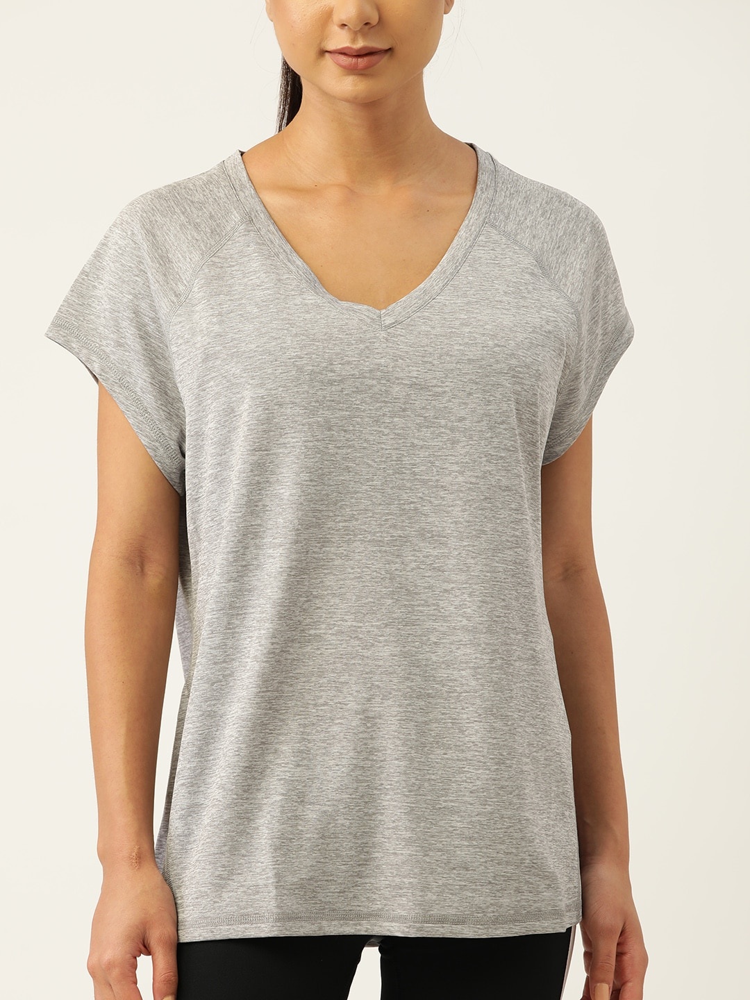 

Macy's Ideology Women Grey Melange Solid V-Neck Raglan Sleeves T-shirt
