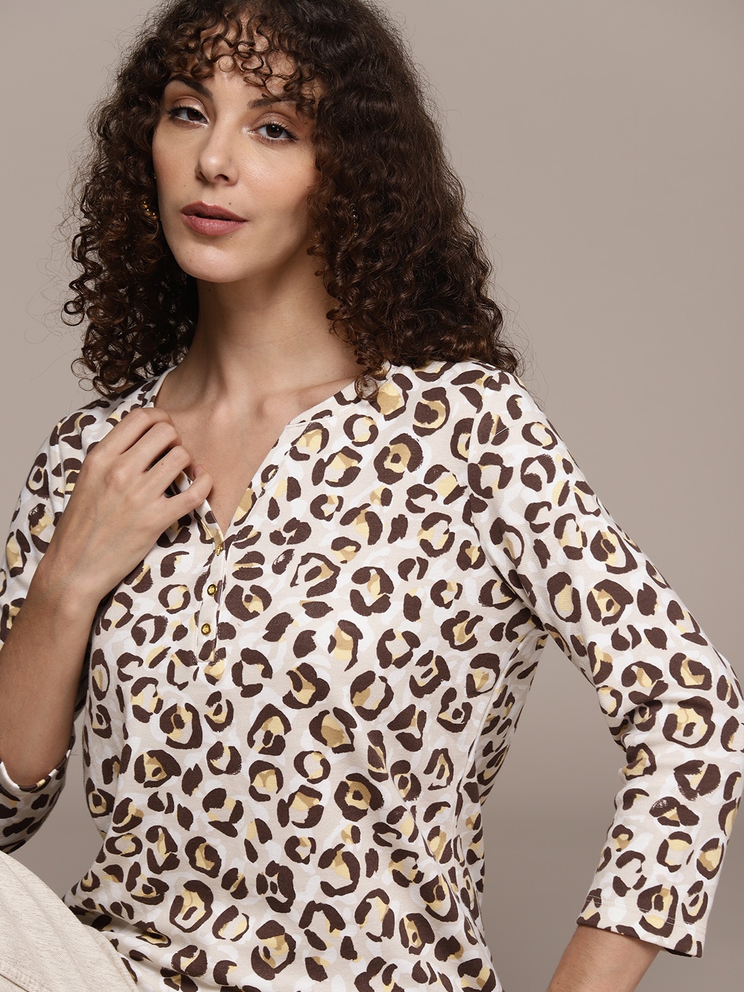 

Macy's Karen Scott Women Off White & Coffee Brown Printed Henley Neck T-shirt