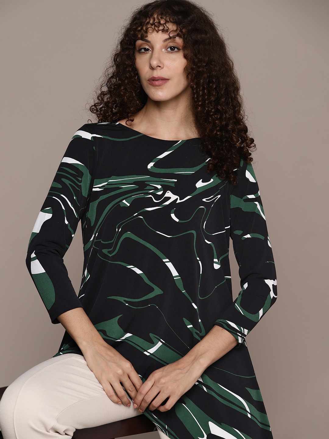 

Macy's Alfani Black & Green Print Longline Top