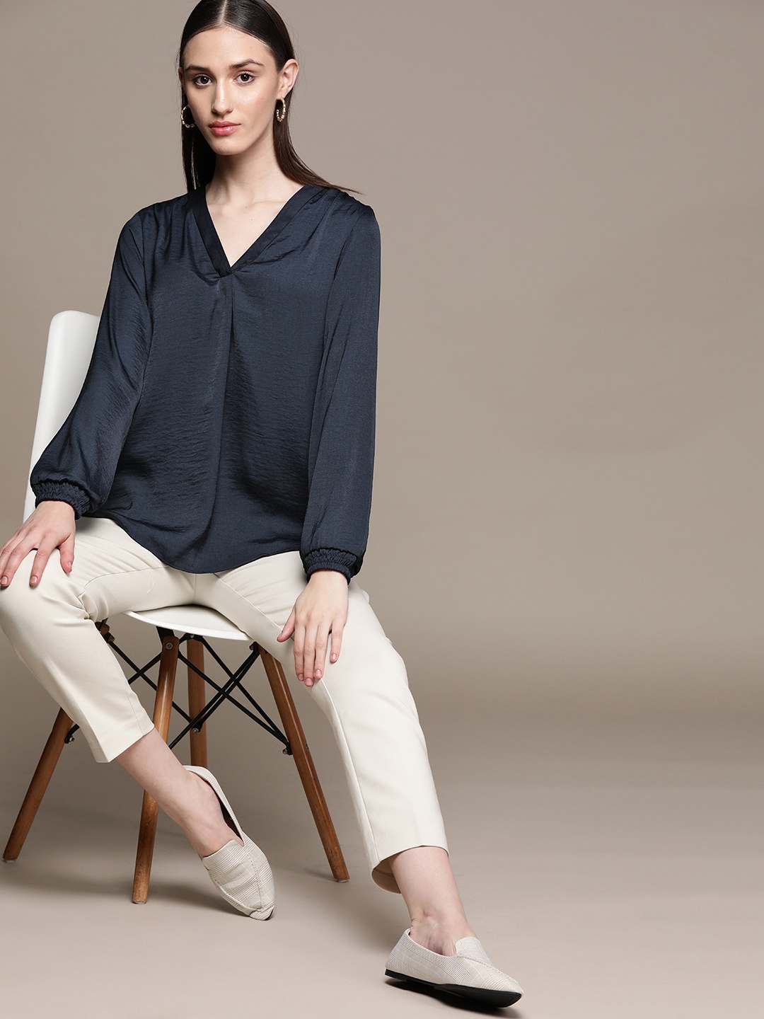 

Macy's Alfani Navy Blue V-Neck Woven Top