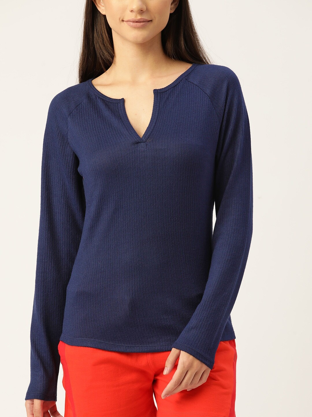 

Macy's Jenni Women Navy Blue Notched Round Neck T-shirt