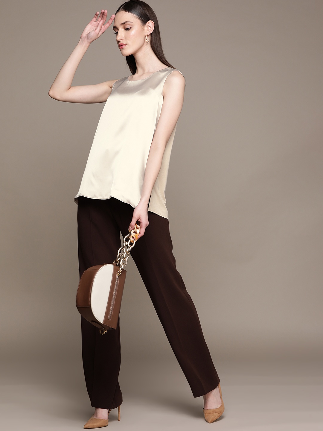 

Macy's Alfani Beige Solid Satin Top