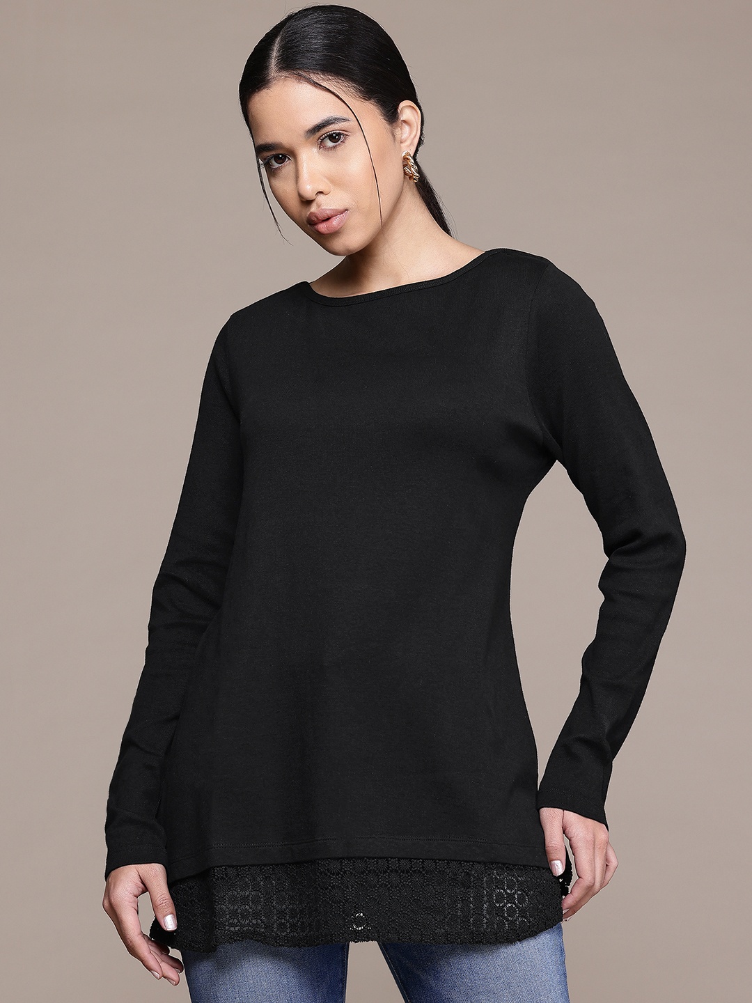 

Macy's Karen Scott Pure Cotton Crochet Hem Longline Top, Black