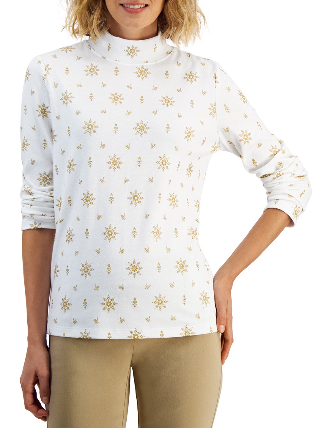 

Macy's Karen Scott Women White & Golden Printed High Neck T-shirt