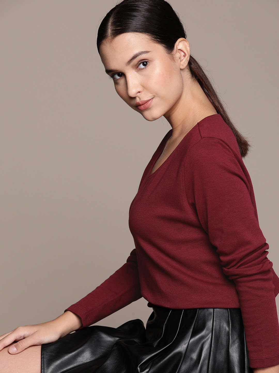

Macy's Karen Scott Maroon Pure Cotton Round Neck Knitted Top