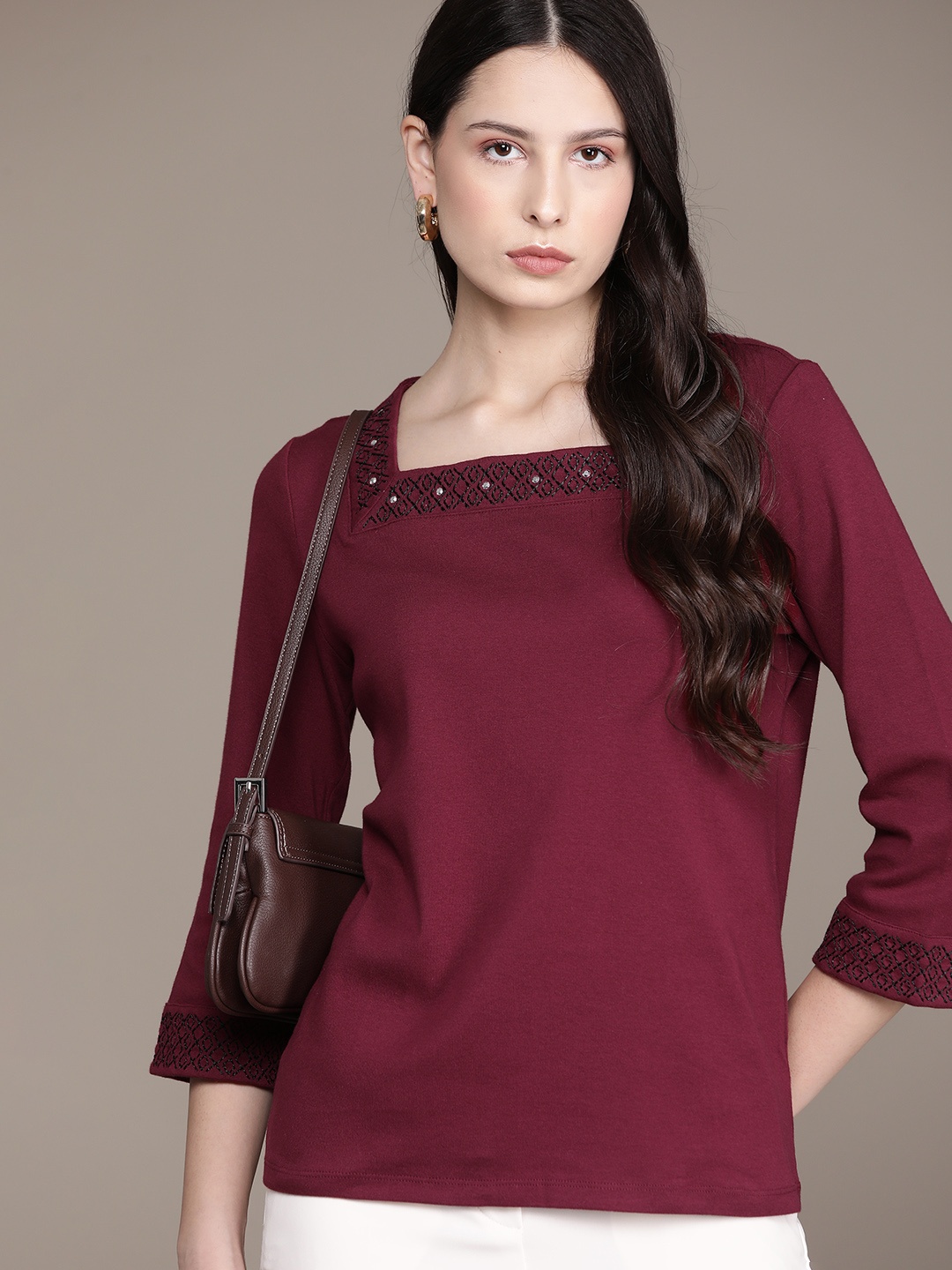 

Macy's Karen Scott Pure Cotton Thread Work Embroidered Square Neck Top, Maroon