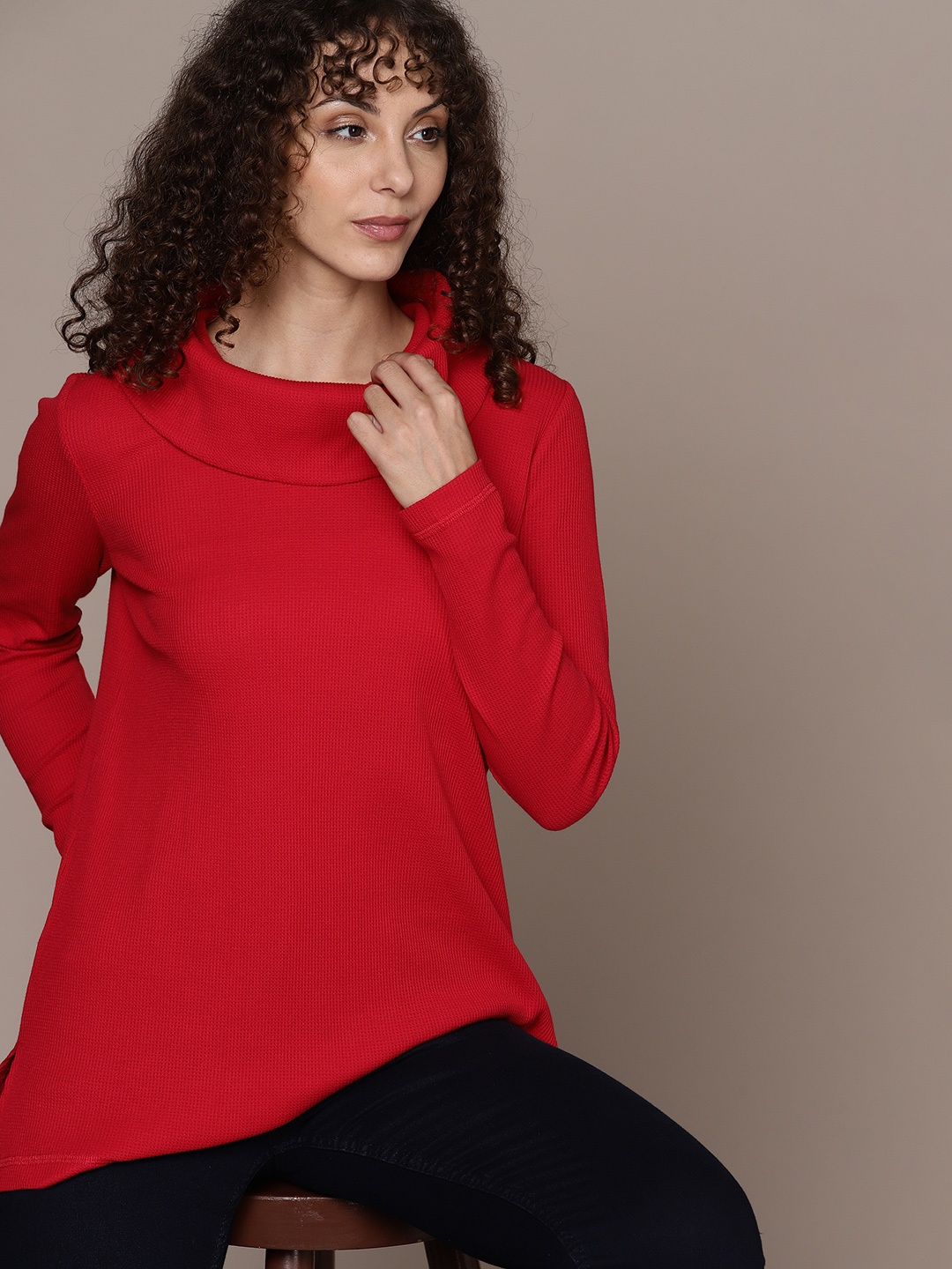 

Macy's Karen Scott Red Waffle Knits Cowl Neck Extended Sleeves Top