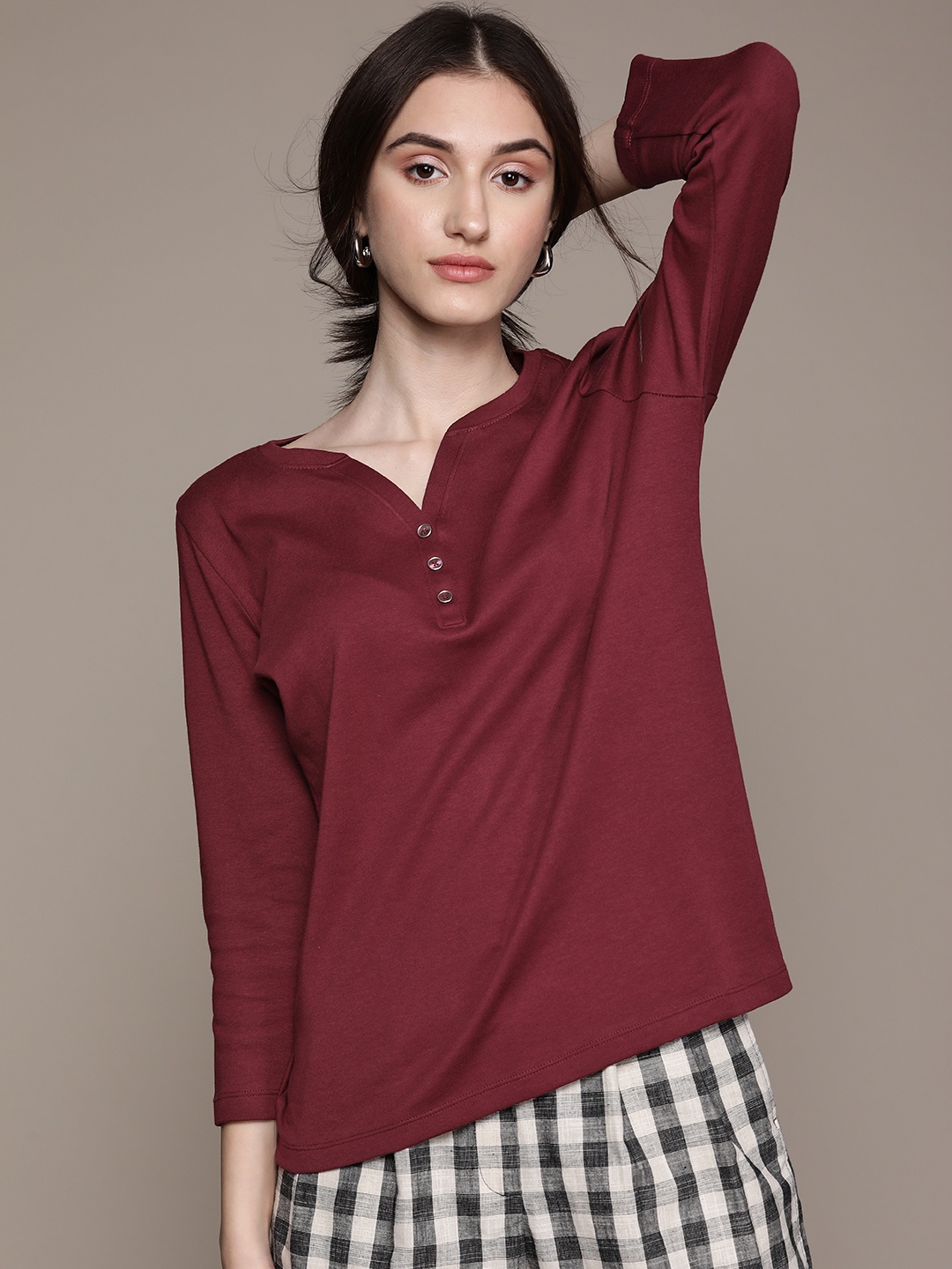 

Macy's Karen Scott Maroon Solid Pure Cotton Top