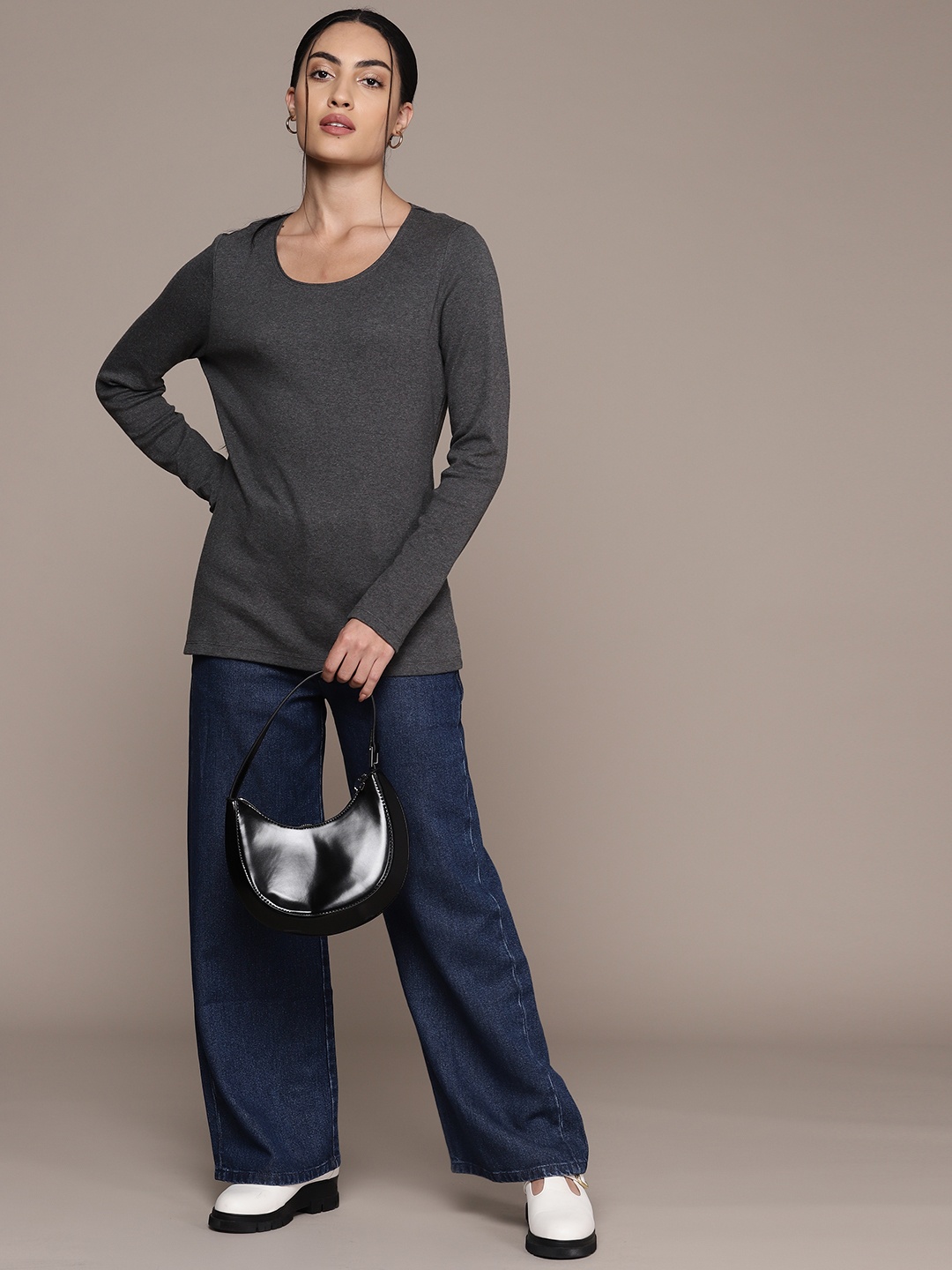 

Macy's Karen Scott Women Charcoal Grey Pure Cotton T-shirt