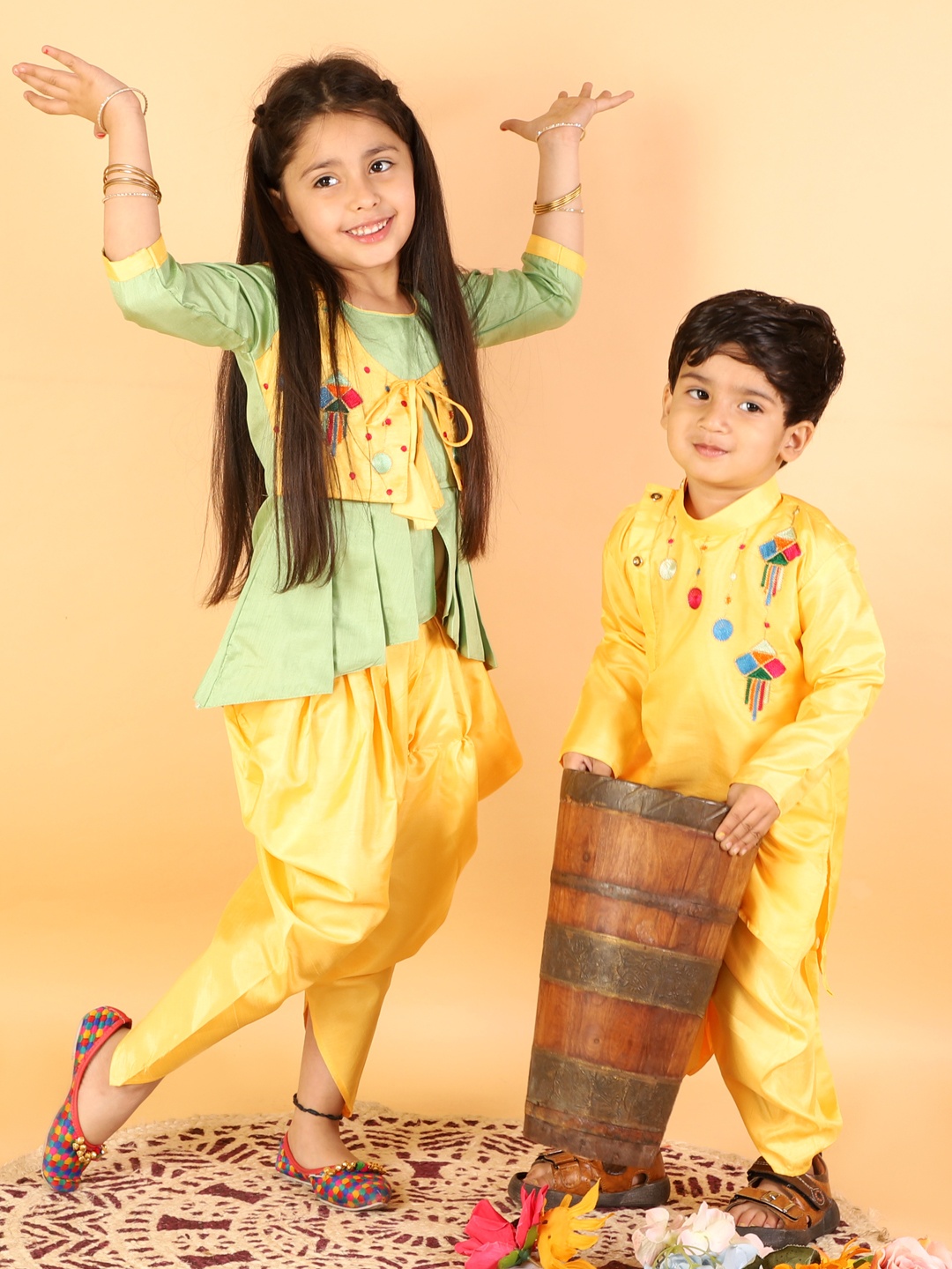 

KID1 Girls Yellow Embroidered Angrakha Dupion Silk Kurti with Dhoti Pants & With Dupatta