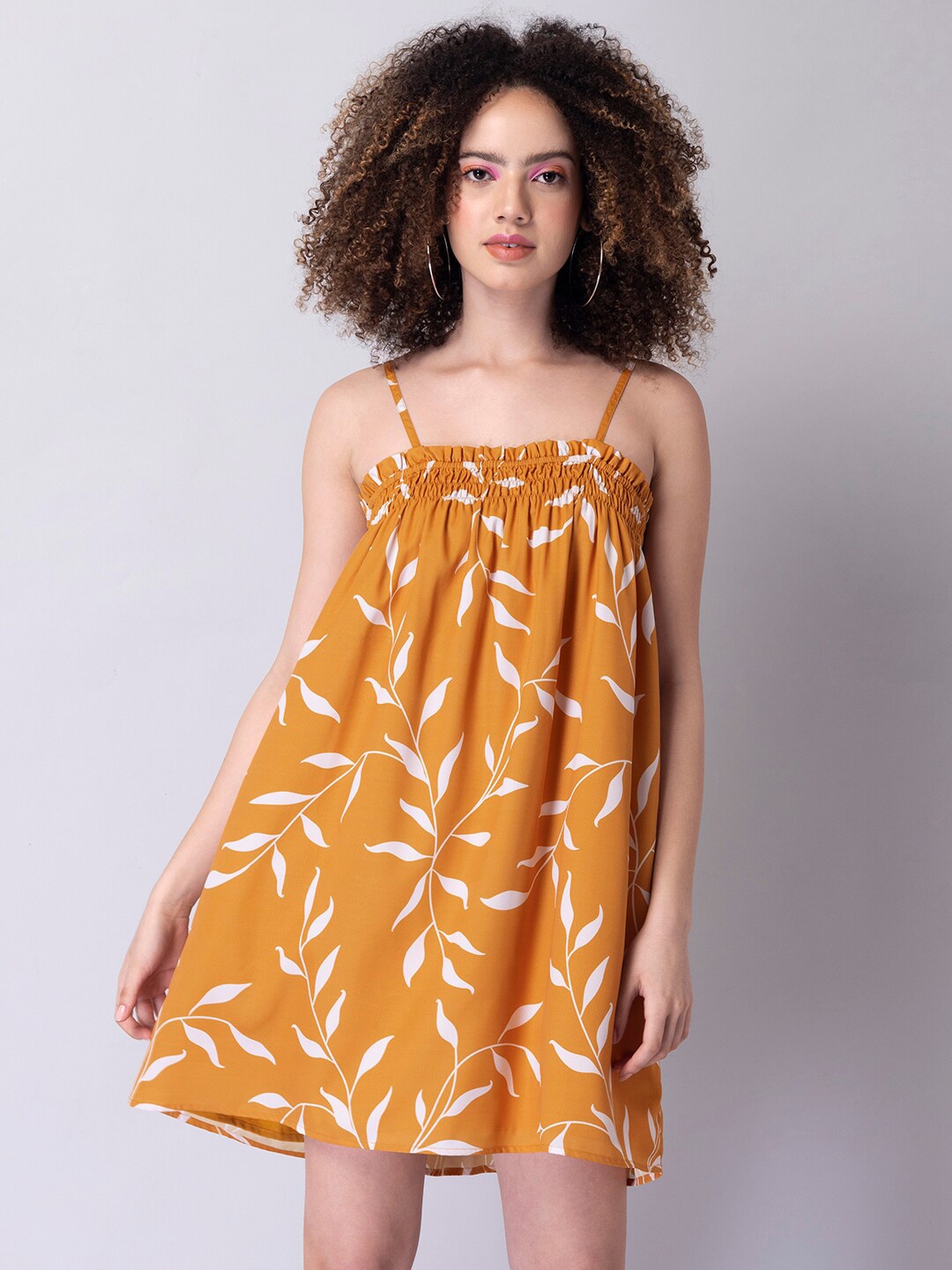 

FabAlley Yellow Botanical A-Line Strappy Mini Dress