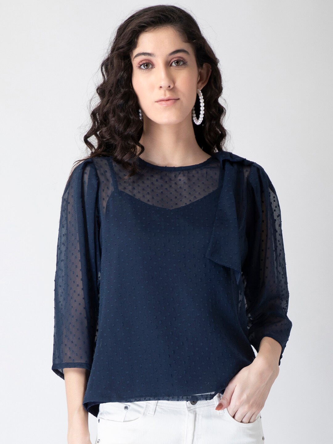 

FabAlley Navy Blue Round Neck Three-Quarter Sleeves Georgette Top
