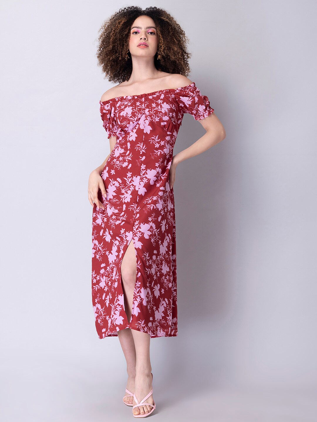 

FabAlley Red Floral Off-Shoulder Crepe Maxi Dress