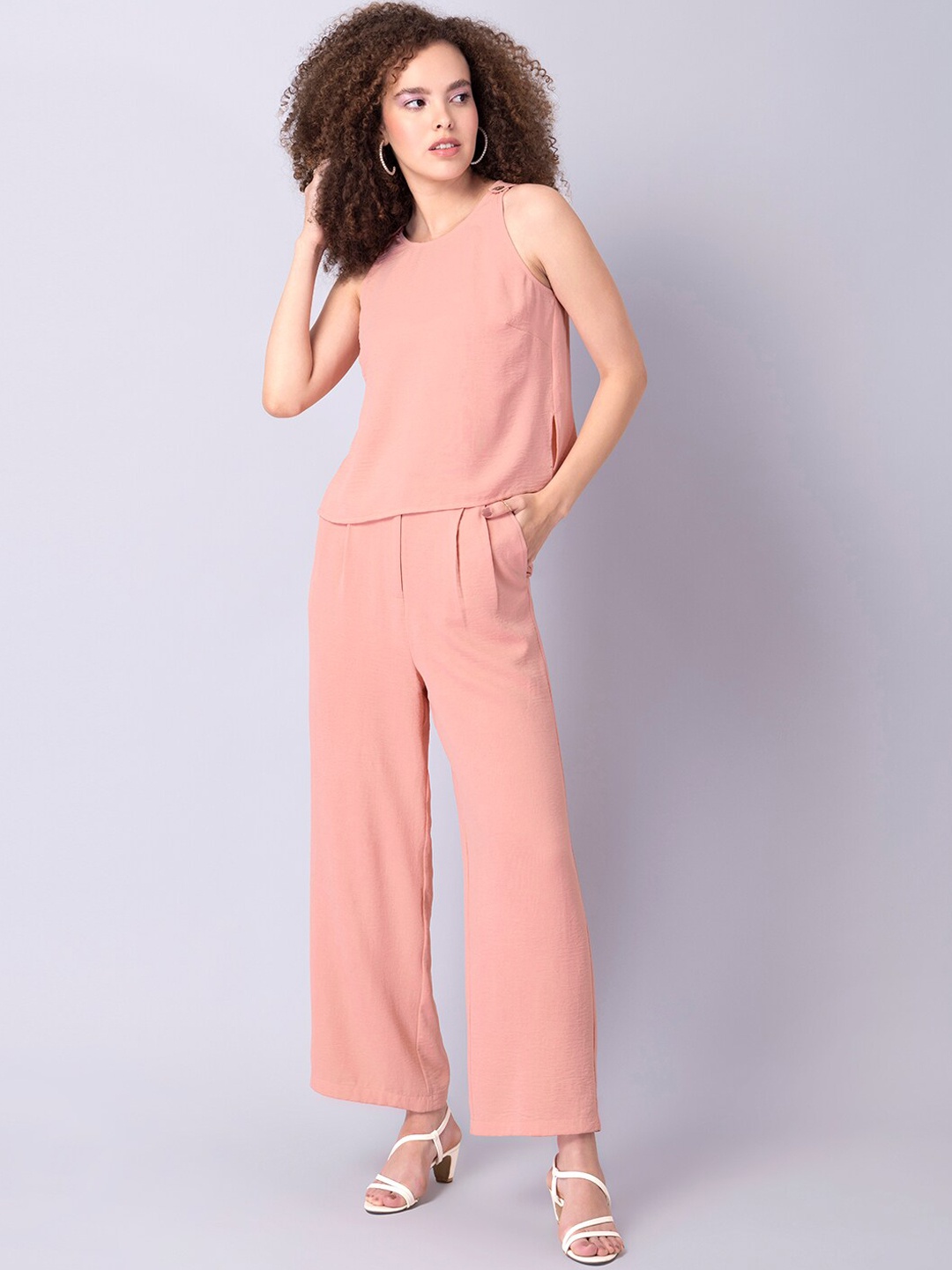 

FabAlley Women Peach-Coloured Solid Top and Trousers