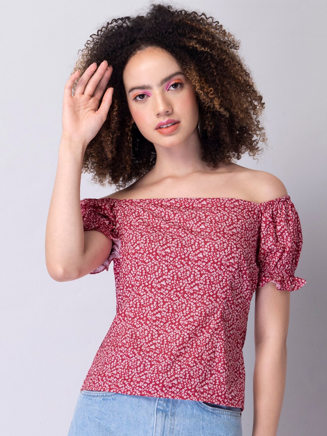 

FabAlley Red Floral Print Off-Shoulder Crepe Bardot Top
