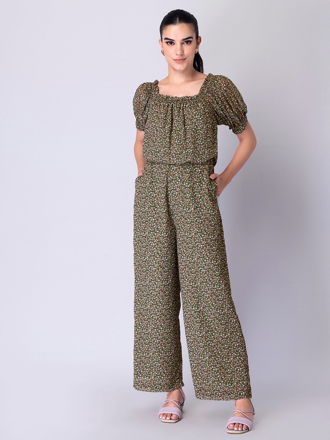 

FabAlley Olive Green Off-Shoulder Printed Basic Jumpsuit