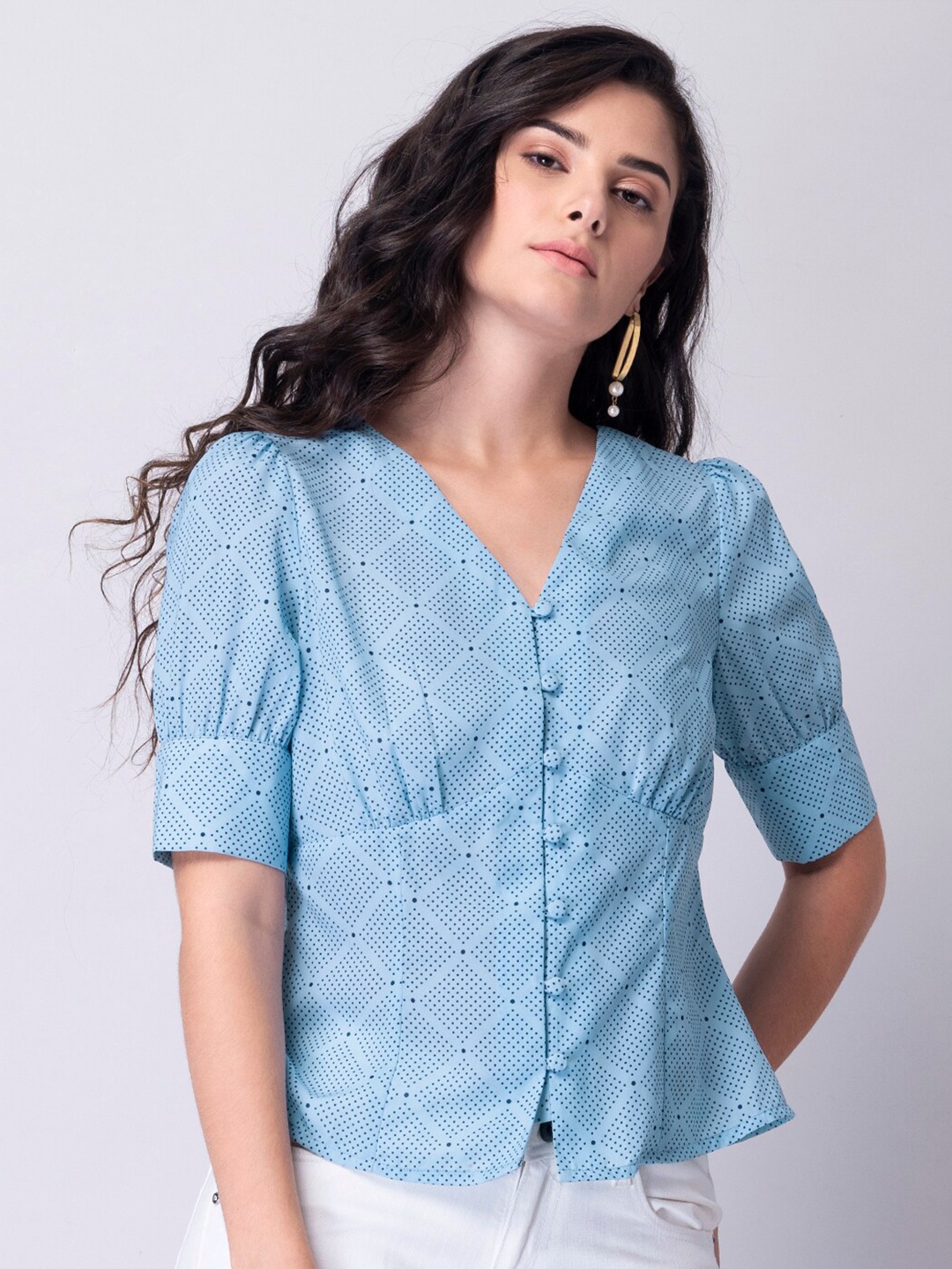 

FabAlley Women Blue Geometric Print Crepe Shirt Style Top