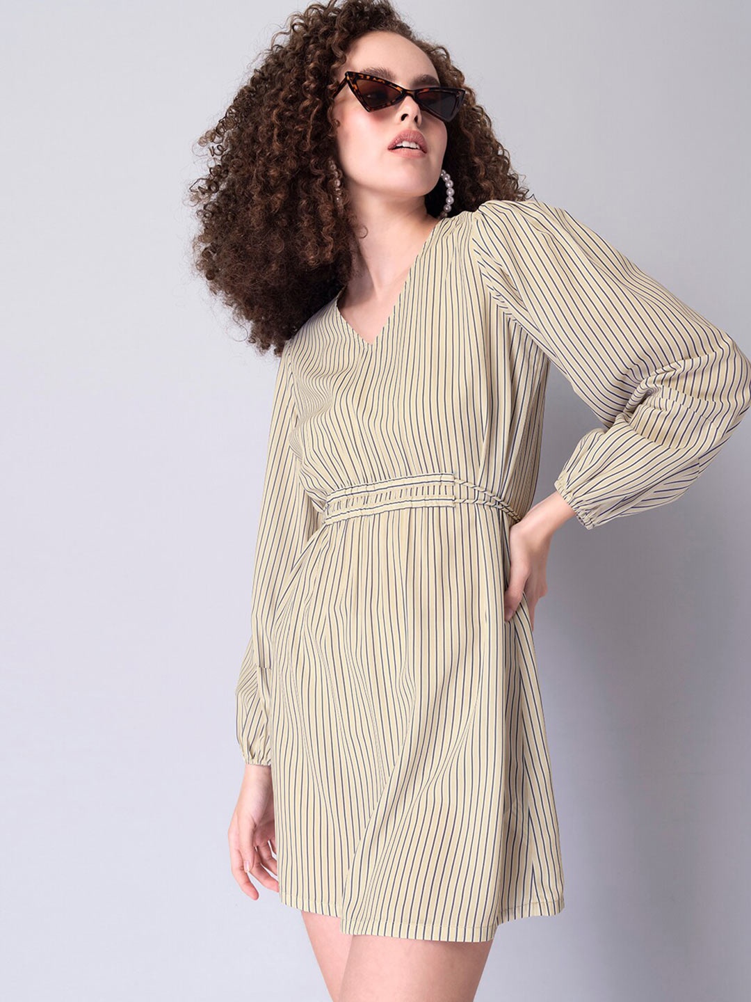 

FabAlley Women Beige Striped Self Tie Mini Dress