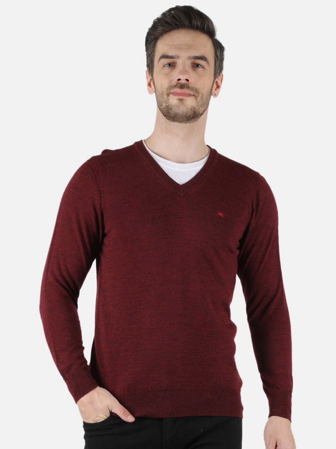 

Monte Carlo Men Pure Wool V Neck Maroon Pullover