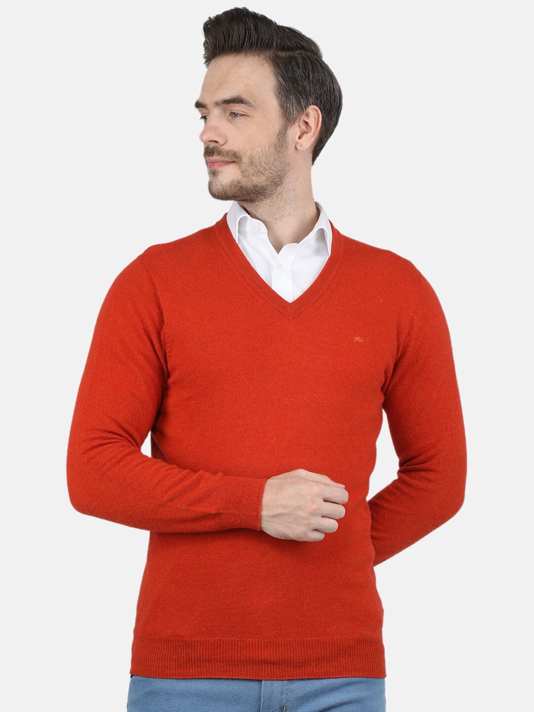 

Monte Carlo Men's Lambs Wool Orange Solid V-Neck Pullover
