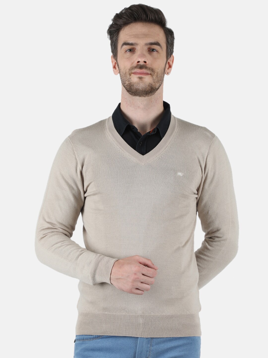 

Monte Carlo Men Beige Solid Full Sleeve Pullover