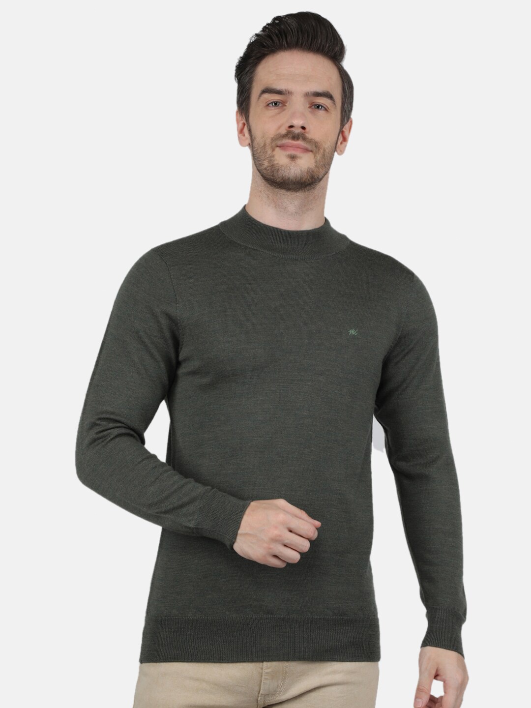 

Monte Carlo Mens Pure Wool Olive Green Solid T Neck Pullover