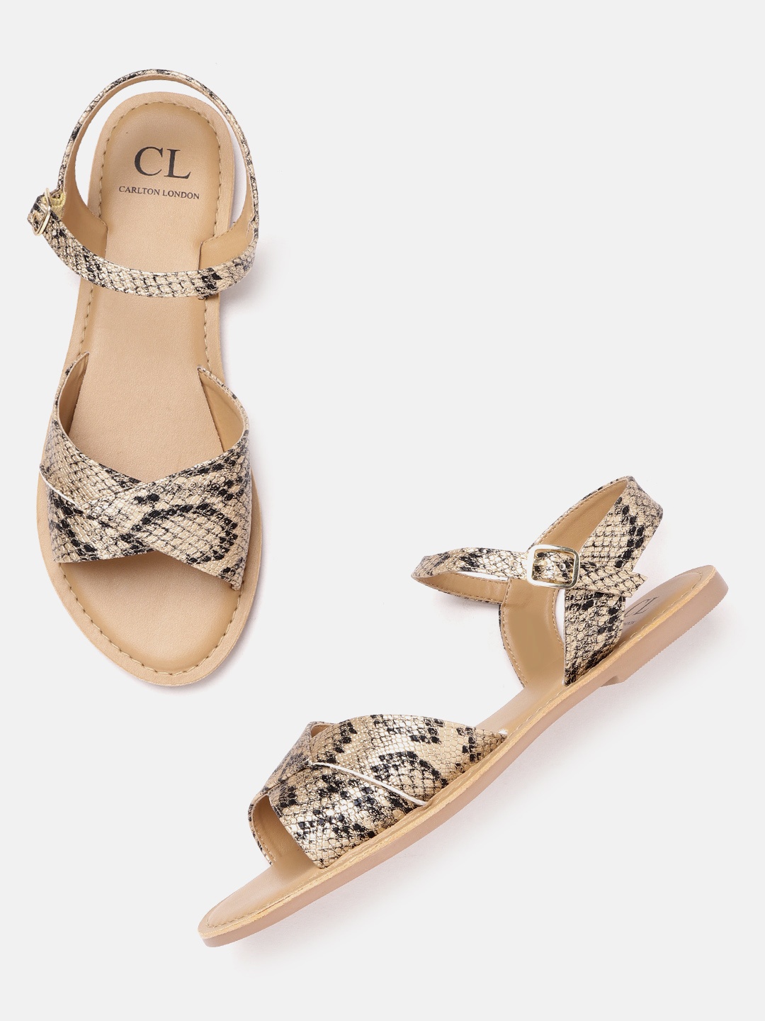 

Carlton London Women Muted Gold-Toned & Black Snakeskin Textured Criss-Cross Flats