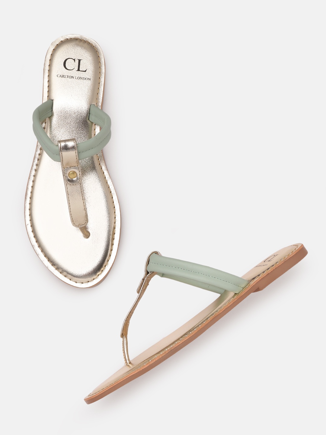 

Carlton London Women Mint Green & Gold-Toned Solid T-Strap Flats
