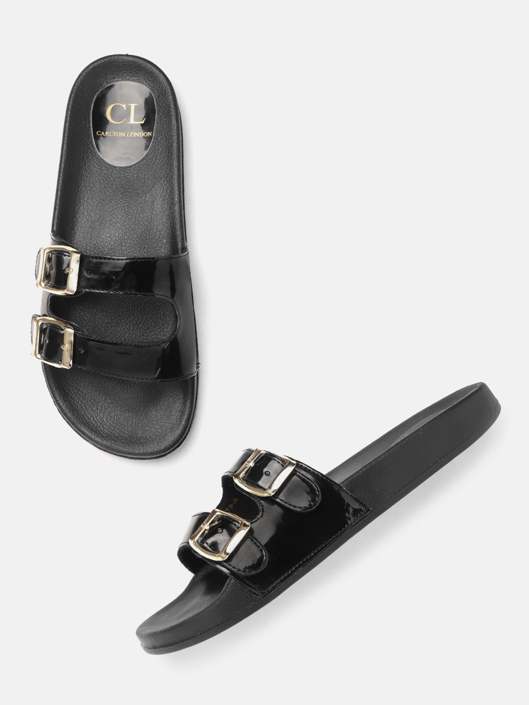 

Carlton London Women Black Glossy Finish Flats with Buckles & Cut-Out Detail