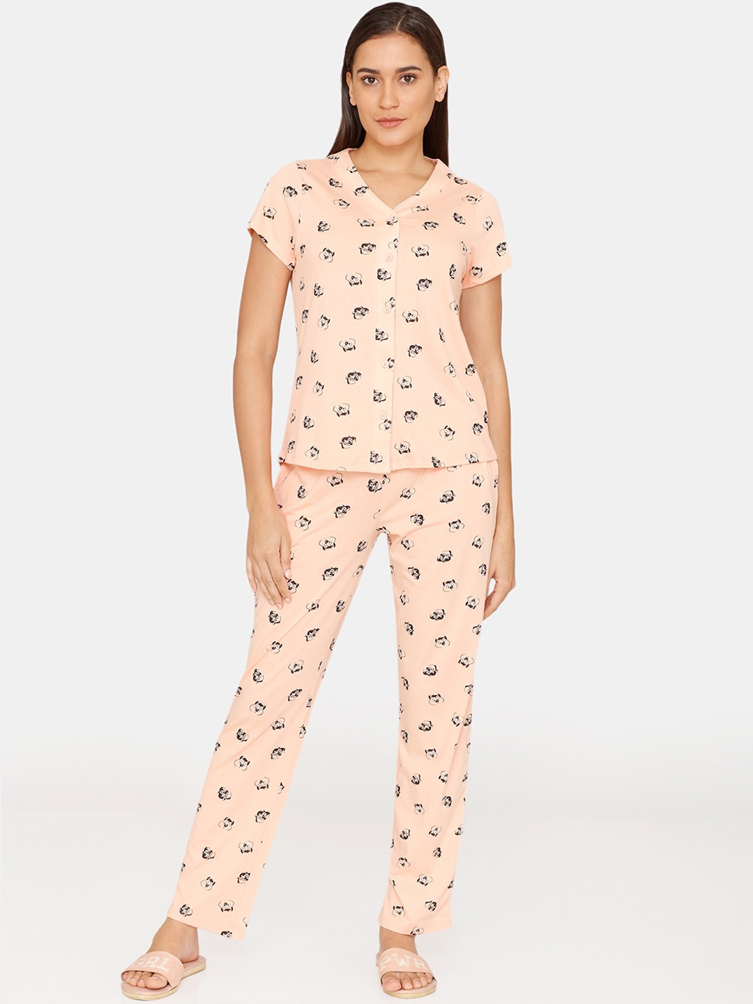 

Zivame Women Peach & Black colored Printed Night suit