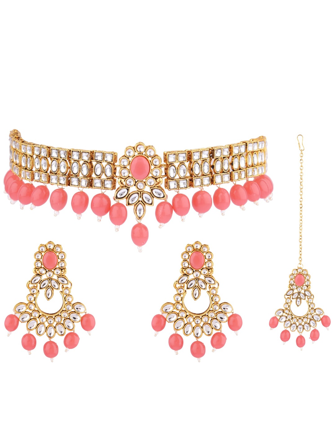 

FEMMIBELLA Gold-Plated White Kundan Studded & Beaded Jewellery Set