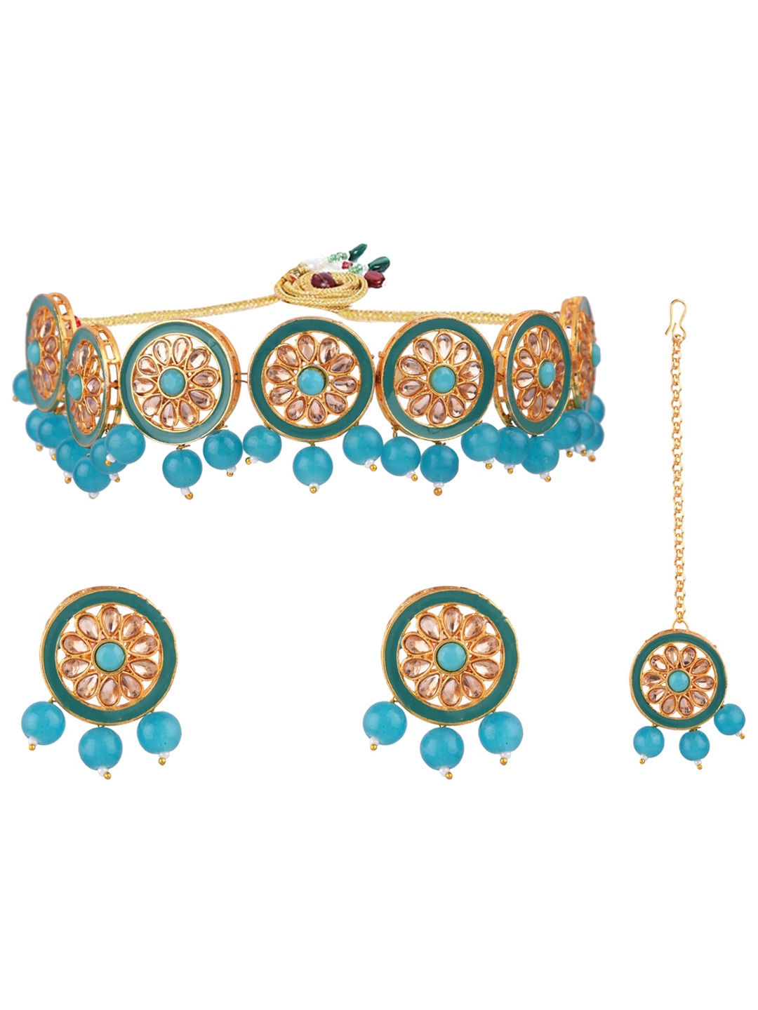 

FEMMIBELLA Gold-Plated Turquoise Blue Kundan Studded Choker Jewellery Set