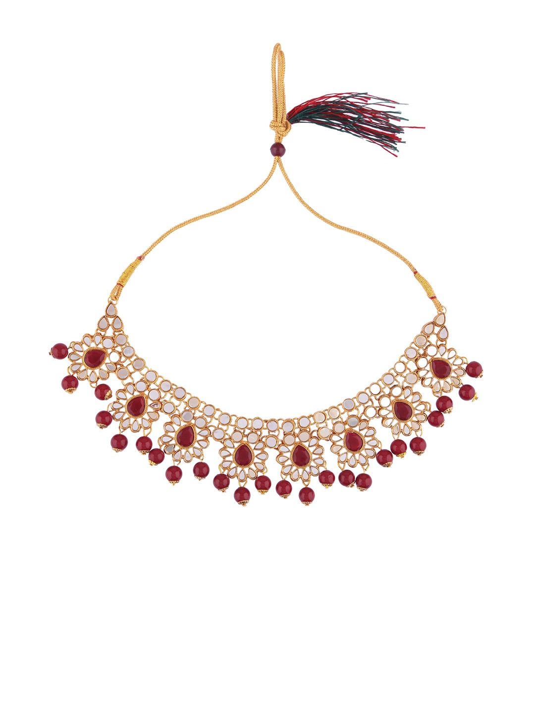 

FEMMIBELLA 24K Gold-Plated White & Maroon Kundan Studded Handcrafted Jewellery Set