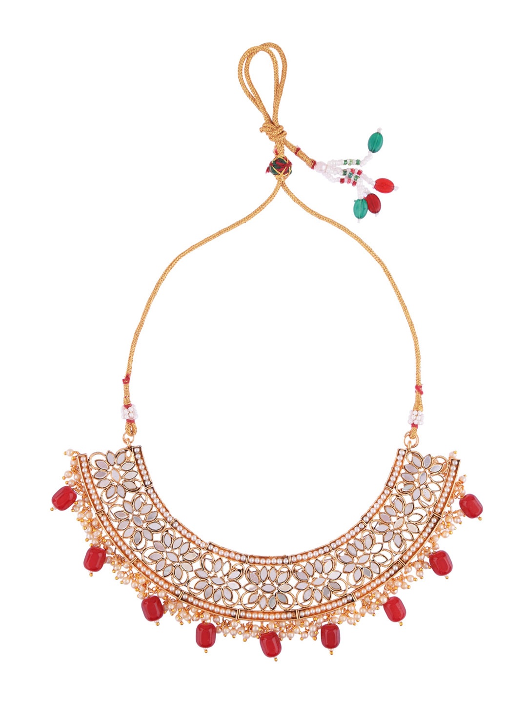 

FEMMIBELLA Gold-Plated & Red -Kundan Studded Beaded Jewellery Set