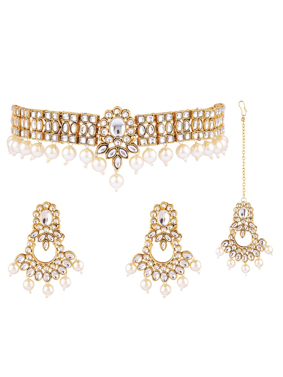 

FEMMIBELLA 24K Gold-Plated White Kundan Studded & Pearl Beaded Jewellery Set