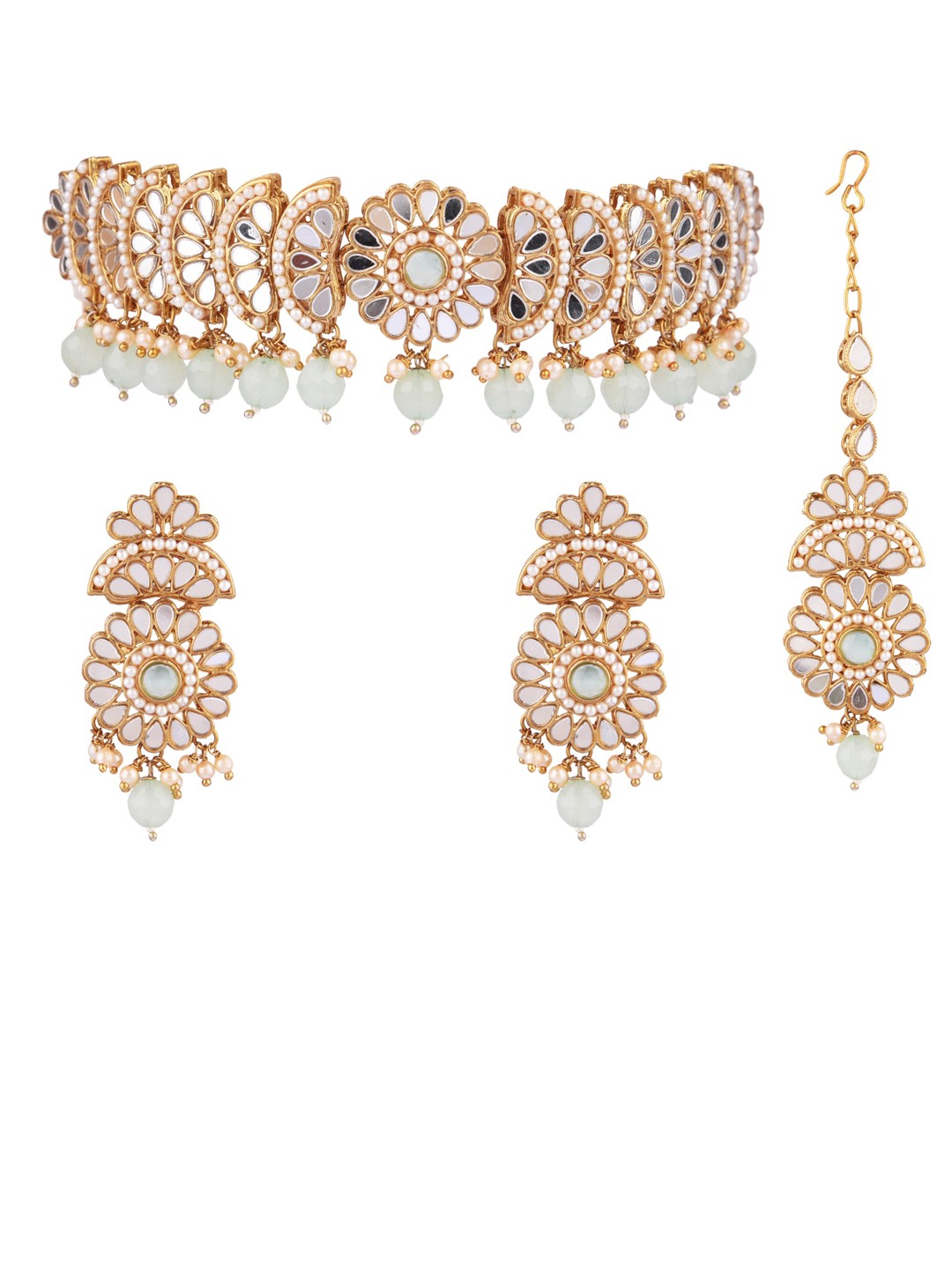 

FEMMIBELLA Gold-Plated & Blue Kundan Studded Beaded Jewellery Set