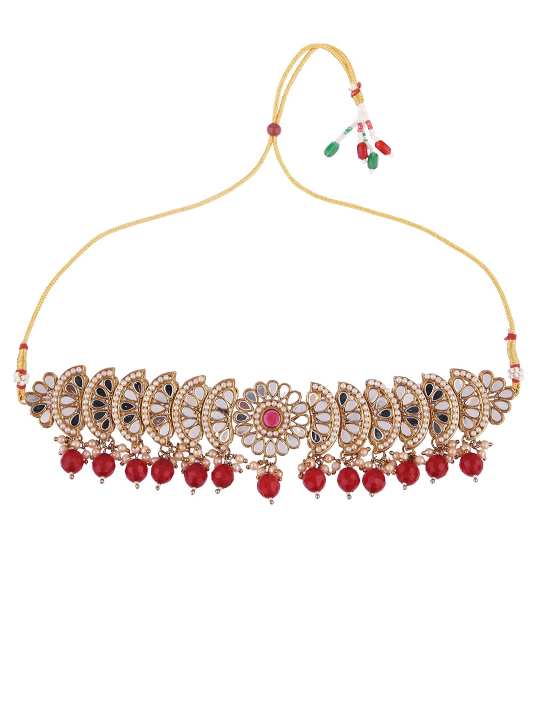 

FEMMIBELLA Gold-Plated Red Mirror-Studded & Pearl Beaded Jewellery Set